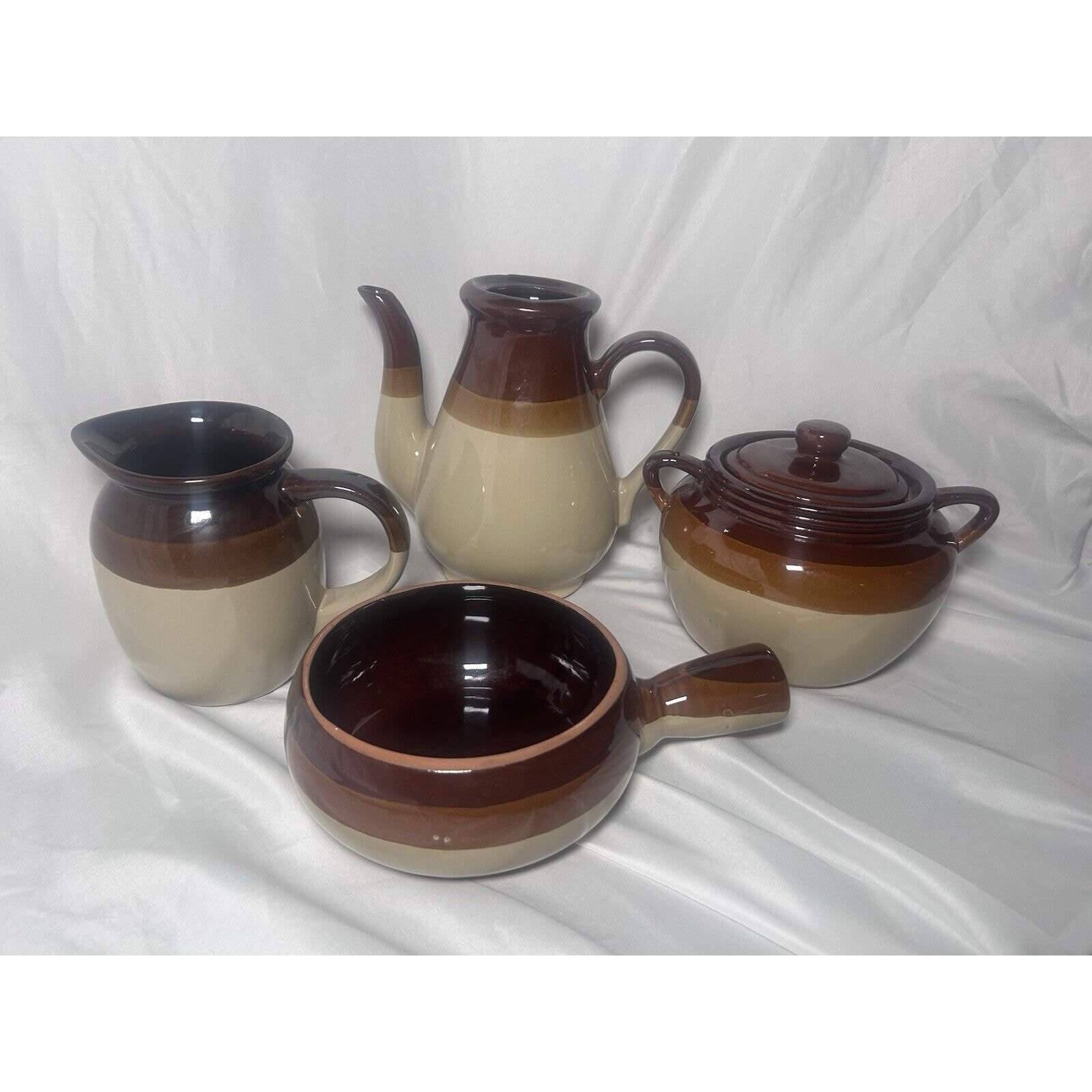 Stoneware Set 4 Pc Set Brown and tan Stoneware Tea And Crock
