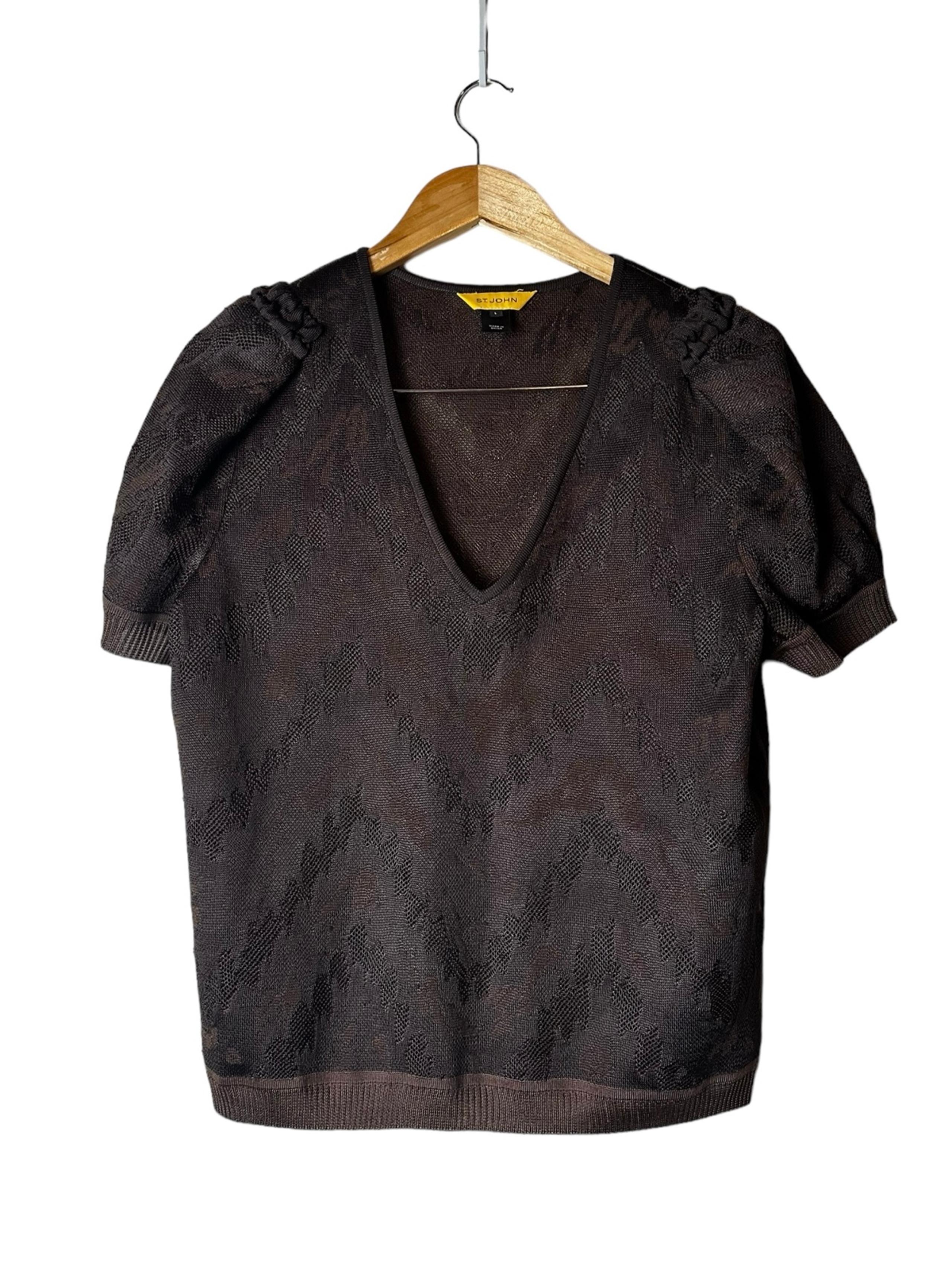 St John Womens Blouse V-Neck Open Knit Short Sleeve Top Size Large