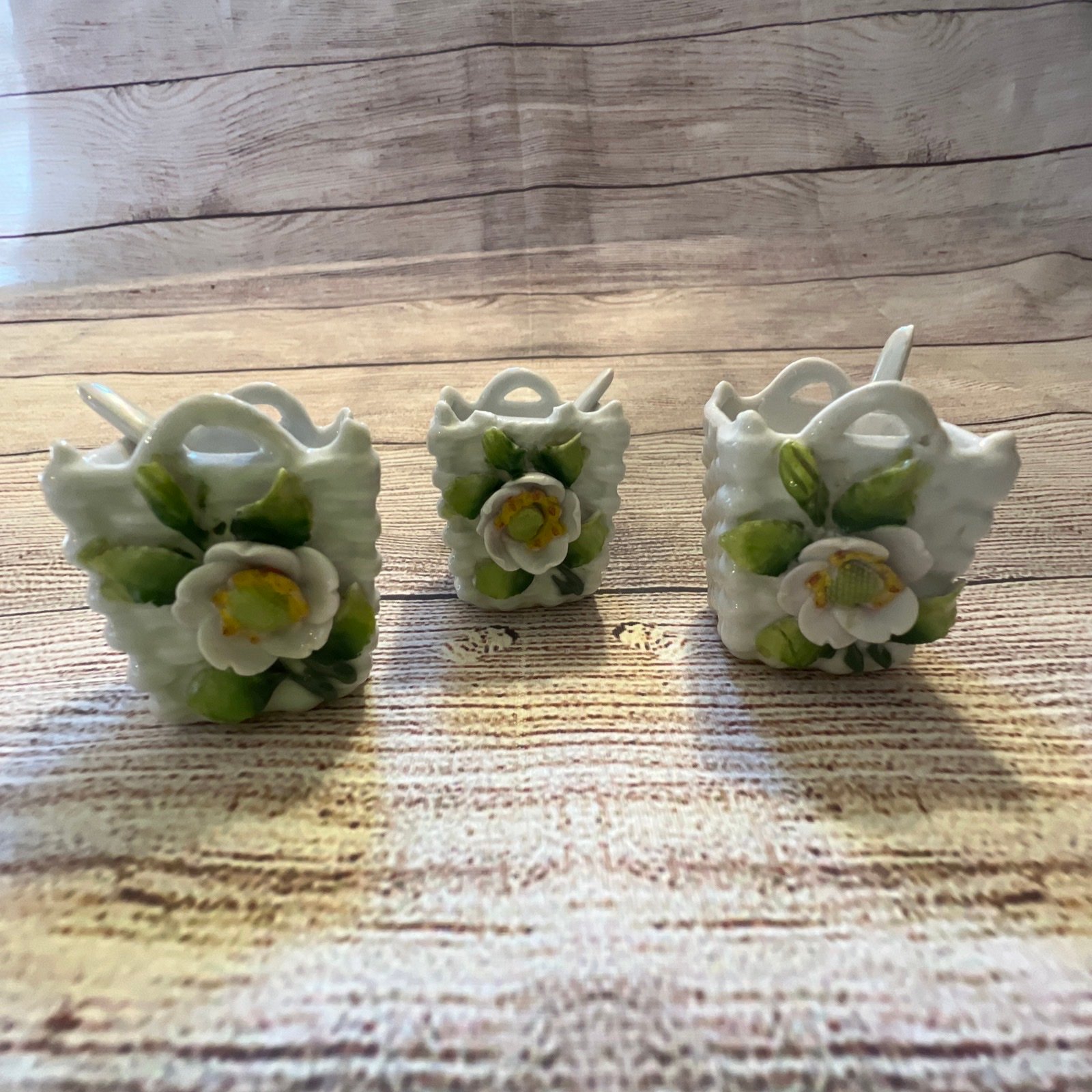 Set 3 Miniature Porcelain White Wicker Baskets Spoons Flowers Vtg Germany 2”
