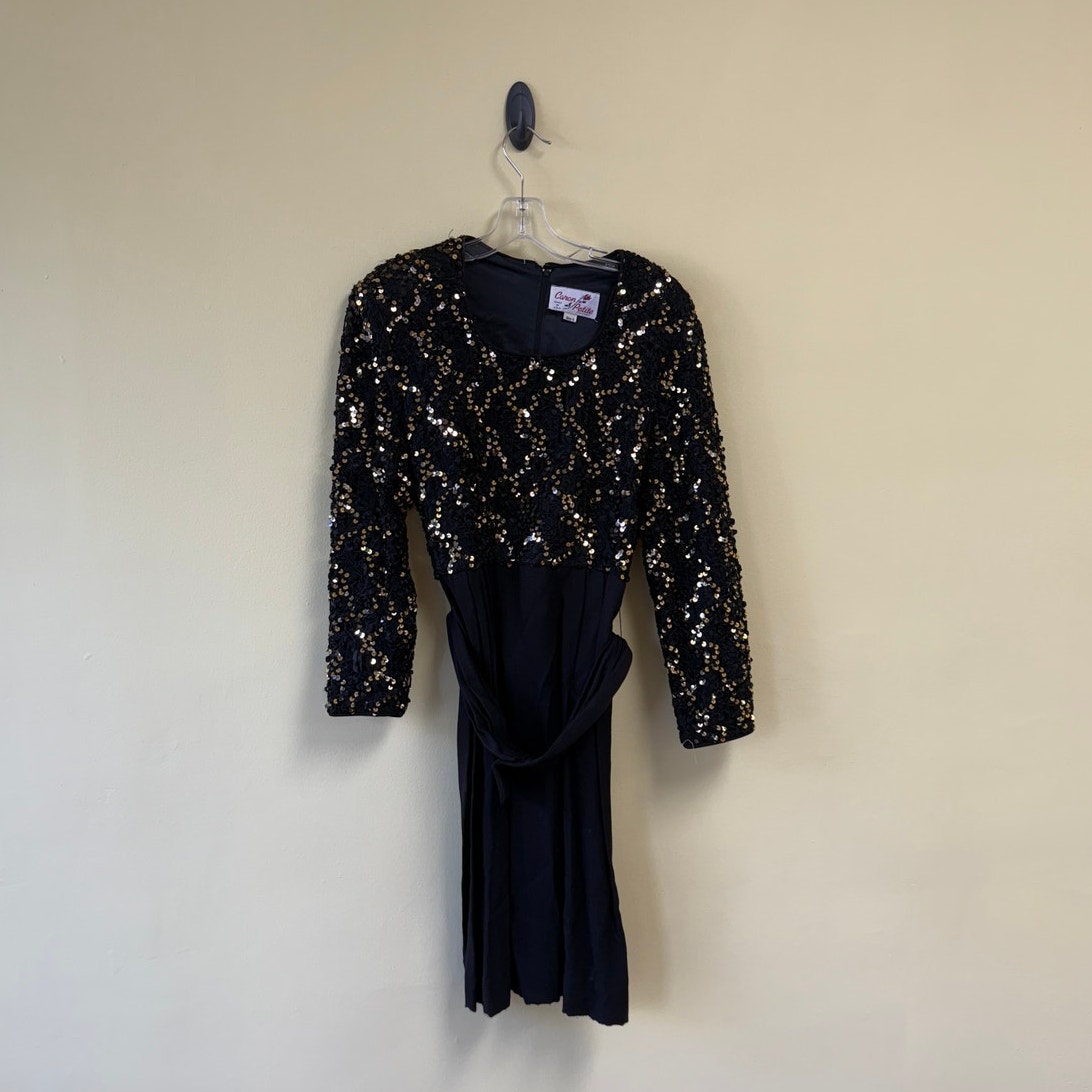 Vintage Caron Petite Black & Gold Sequin Dress - Size 6 - Made in USA