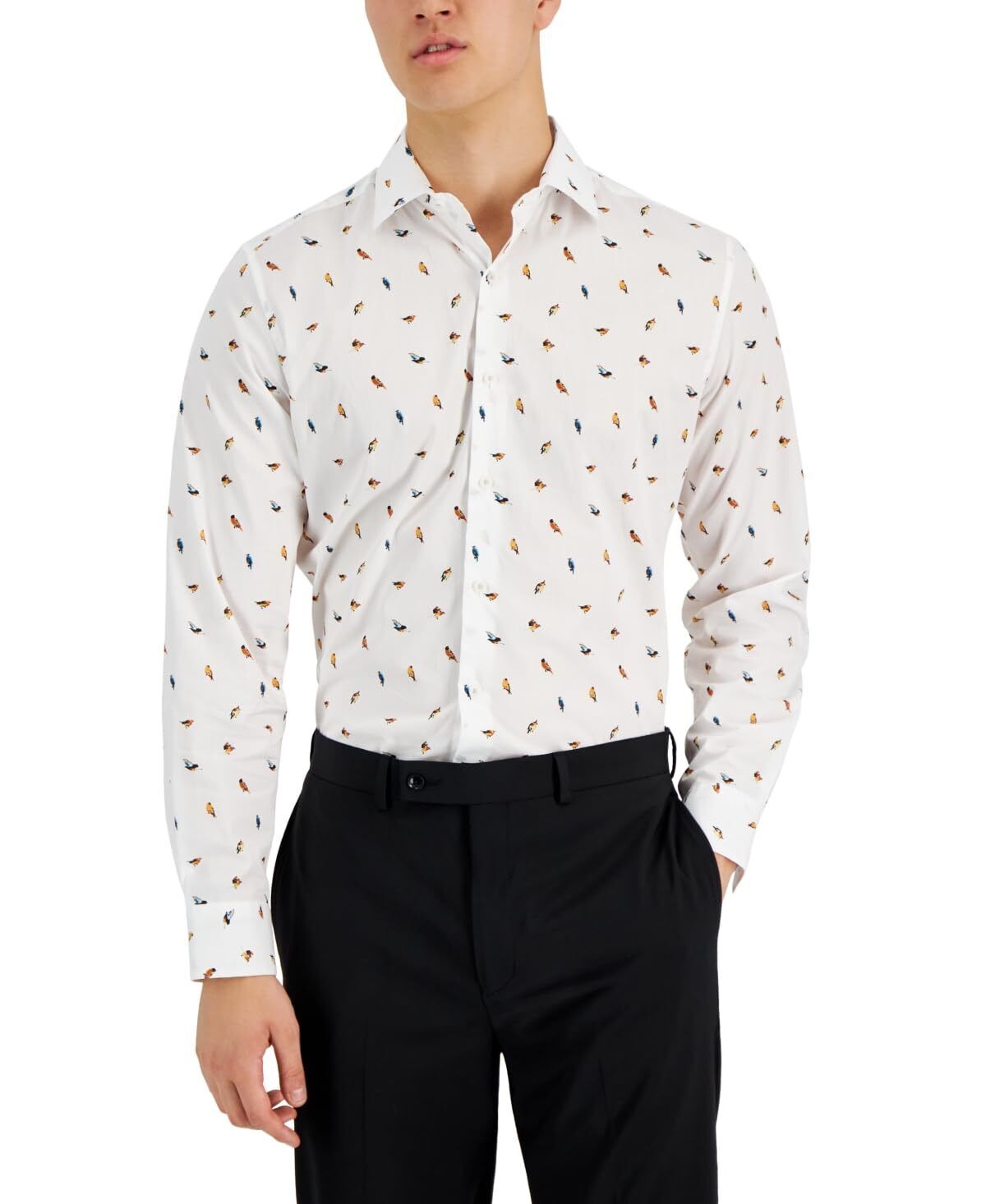 Bar Iii Men's Slim-Fit Forest Bird Printed Dress Shirt White Small