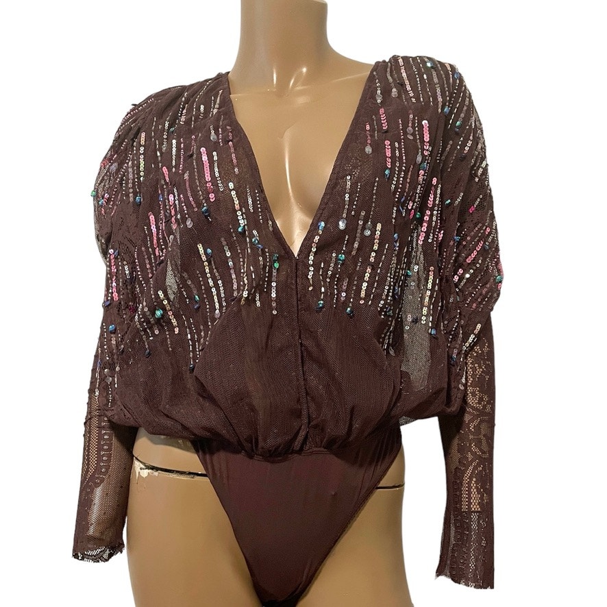 new Free People XS Business as Usual sequin bodysuit TLS2 9066