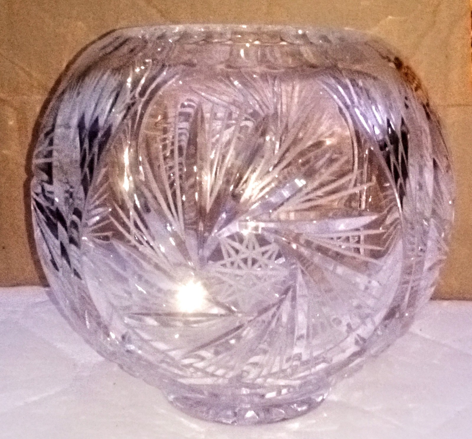 German ? Lead crystal large etched glass sunburst or pinwheel lg. Rose bowl
