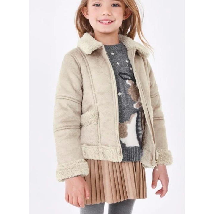 Mayoral Girls Faux Shearling Jacket Size 4 Beige Cozy Polyester Outerwear