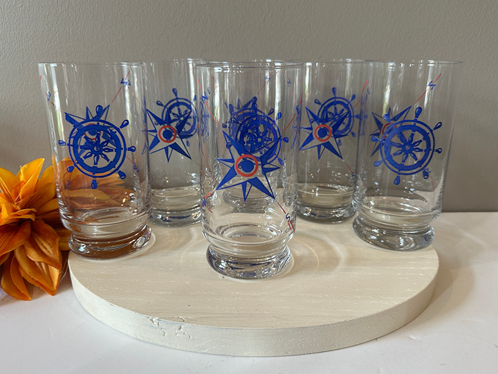 GlassesNautical - Tumblers - Clear Glass - Red and Blue Design - Set of 6
