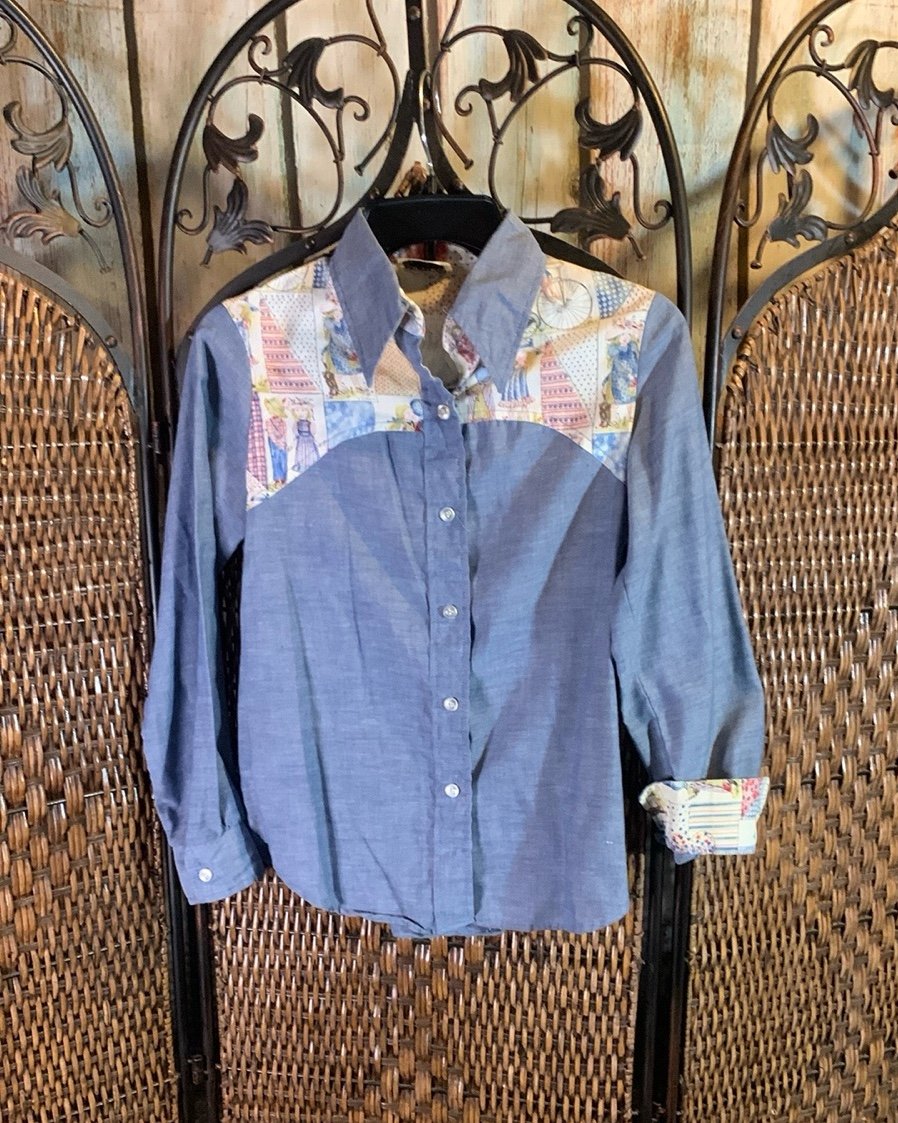 Vintage Holly Hobbie Print Chambray Cowboy Shirt Size 7/8