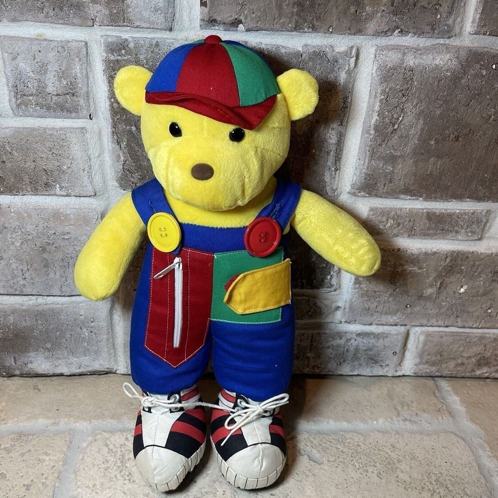 VTG Baby GUND Teddy Rainbow Brightbear Red Blue Overalls Plush 15 Hat Shoes