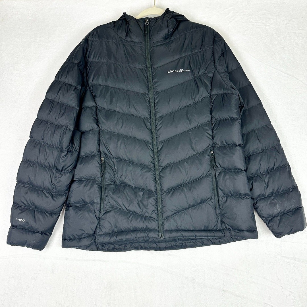 Eddie Bauer Women's Packable Down Jacket Size XL Black Hooded 650 Fill Quilted