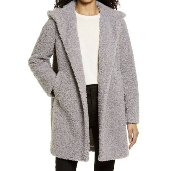 Sam Edelman Asym Hooded Curly Teddy Coat in Light Grey SZ XXL