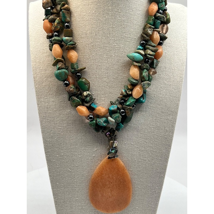 Vintage Multi-Strand Gemstone Necklace With Large Peach Jade Pendant