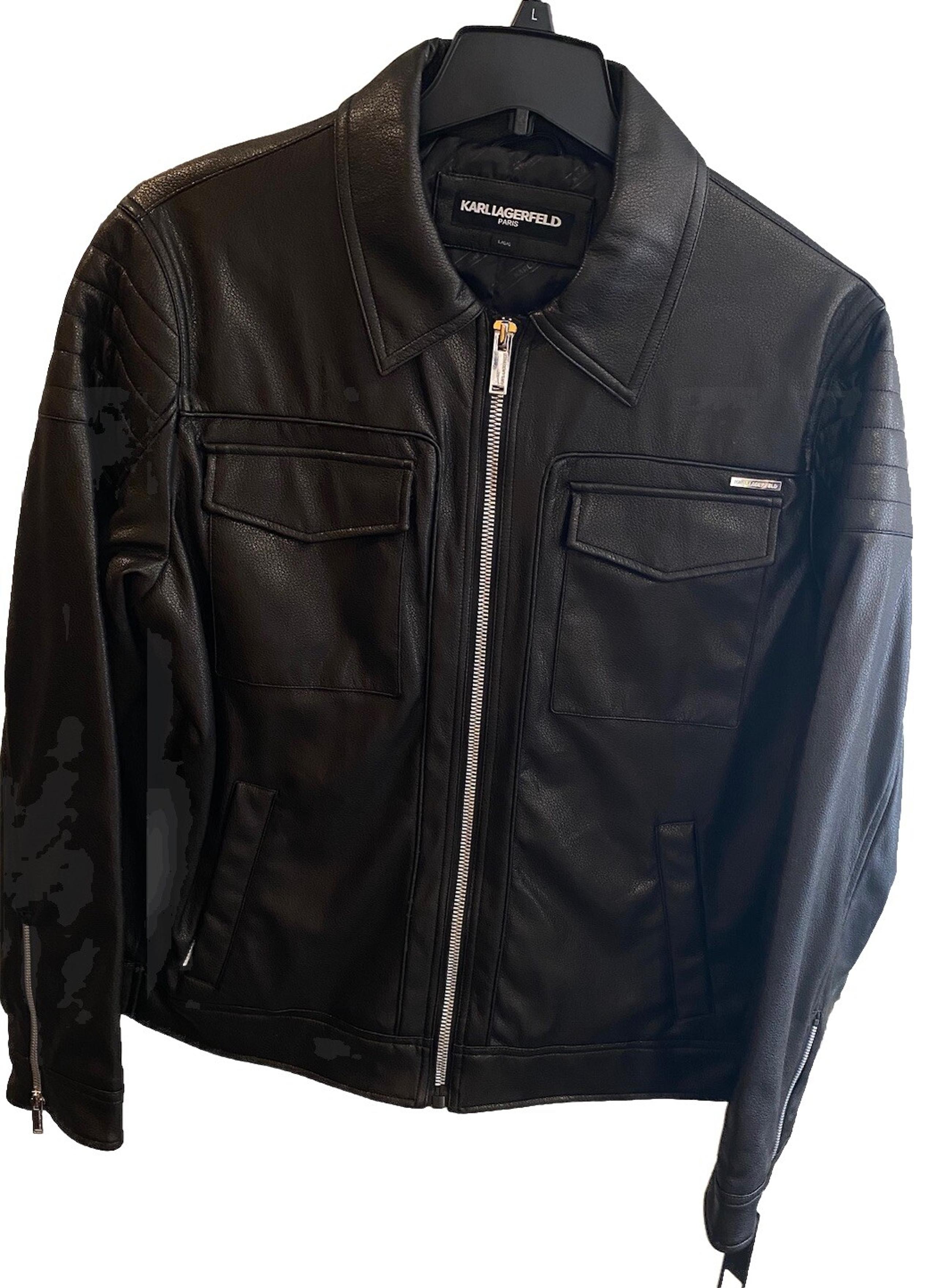 Karl Lagerfeld PARIS Men’s Black Faux Leather Jacket NWT SIZE LARGE Zip Up Bik