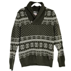 S OLIVER Mens Sweater MED Olive Green White Fair Isle Knit Ribbed Hem Collar