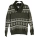 S OLIVER Mens Sweater MED Olive Green White Fair Isle Knit Ribbed Hem Collar