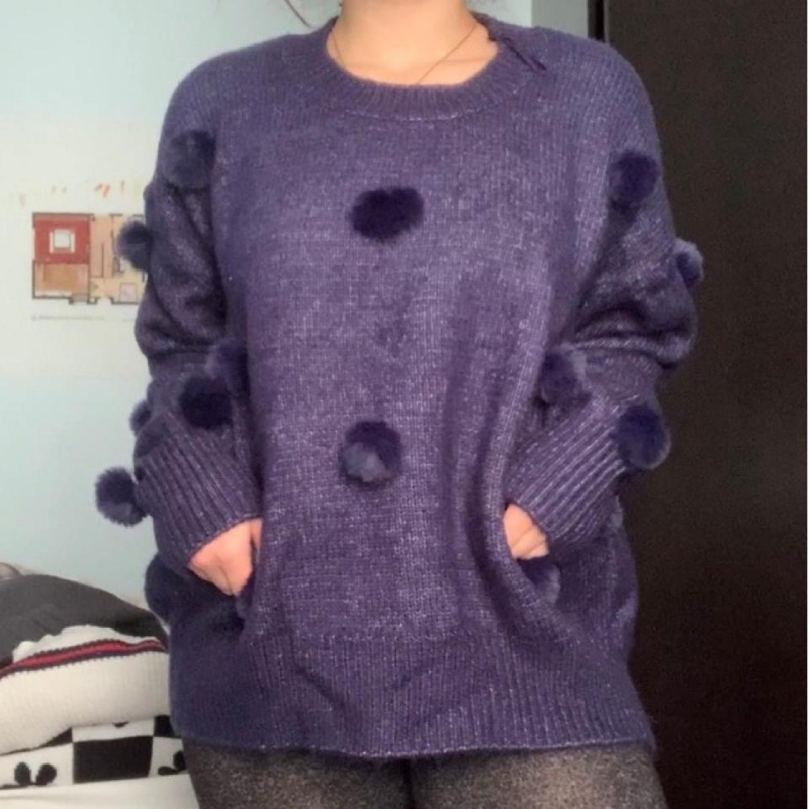 Zara Navy Oversized Pom Pom Wool Sweater