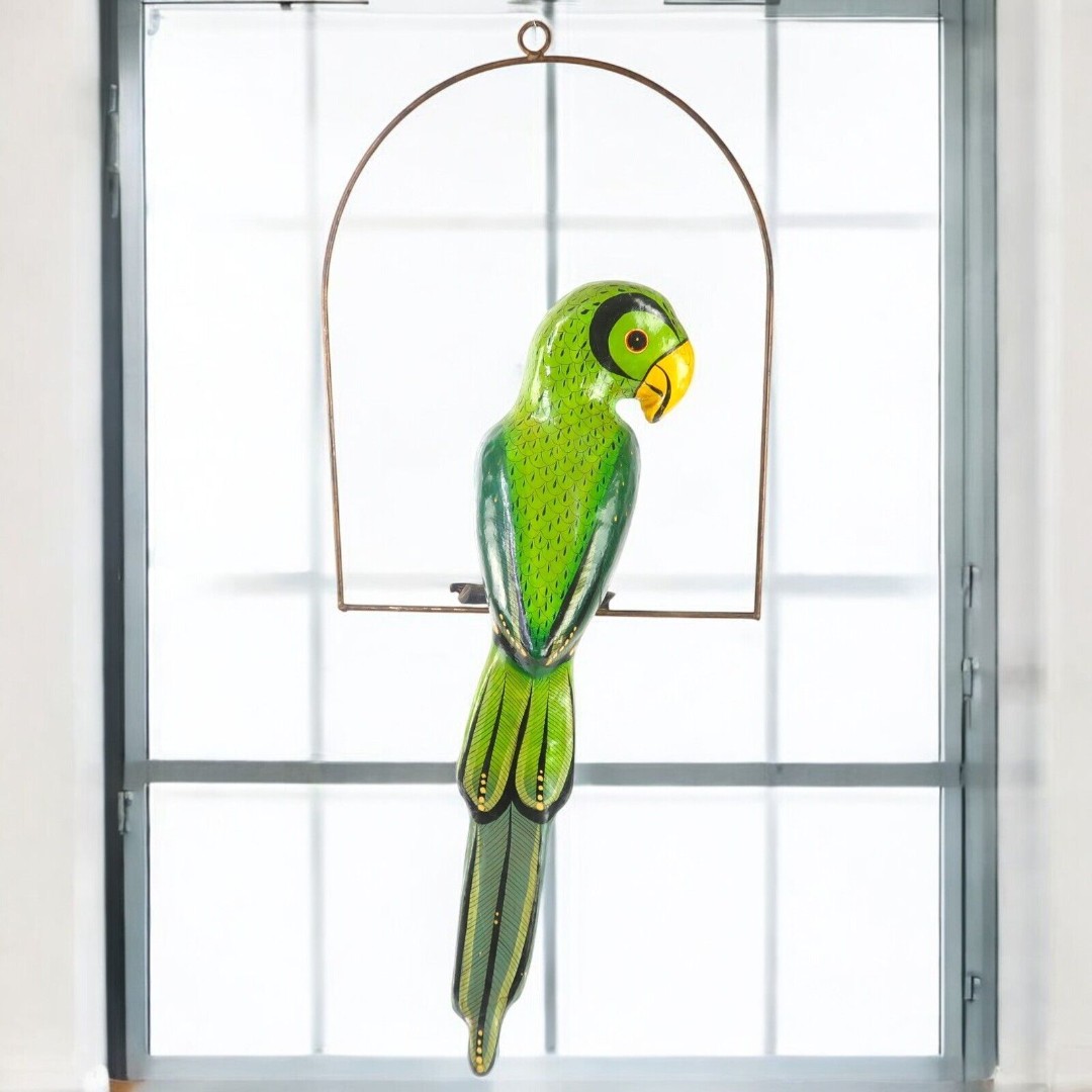 Vintage Paper Mache Green Parrot Tonala Jal Mexico Folk Art - 22 circa 1970s