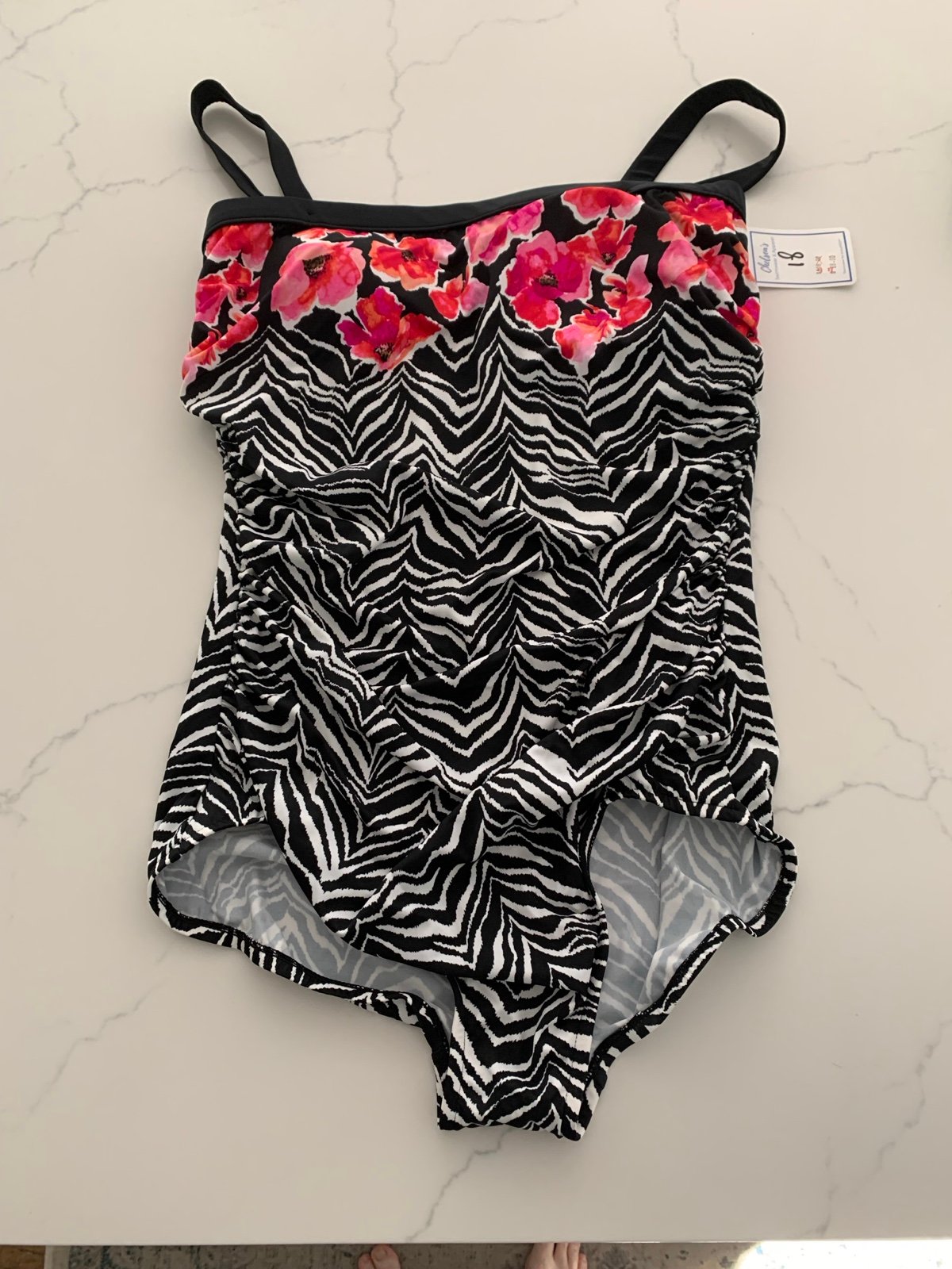 MAXINE OF HOLLYWOOD Sz 18 One Piece Swimsuit, Black Print, Pink floral NWT