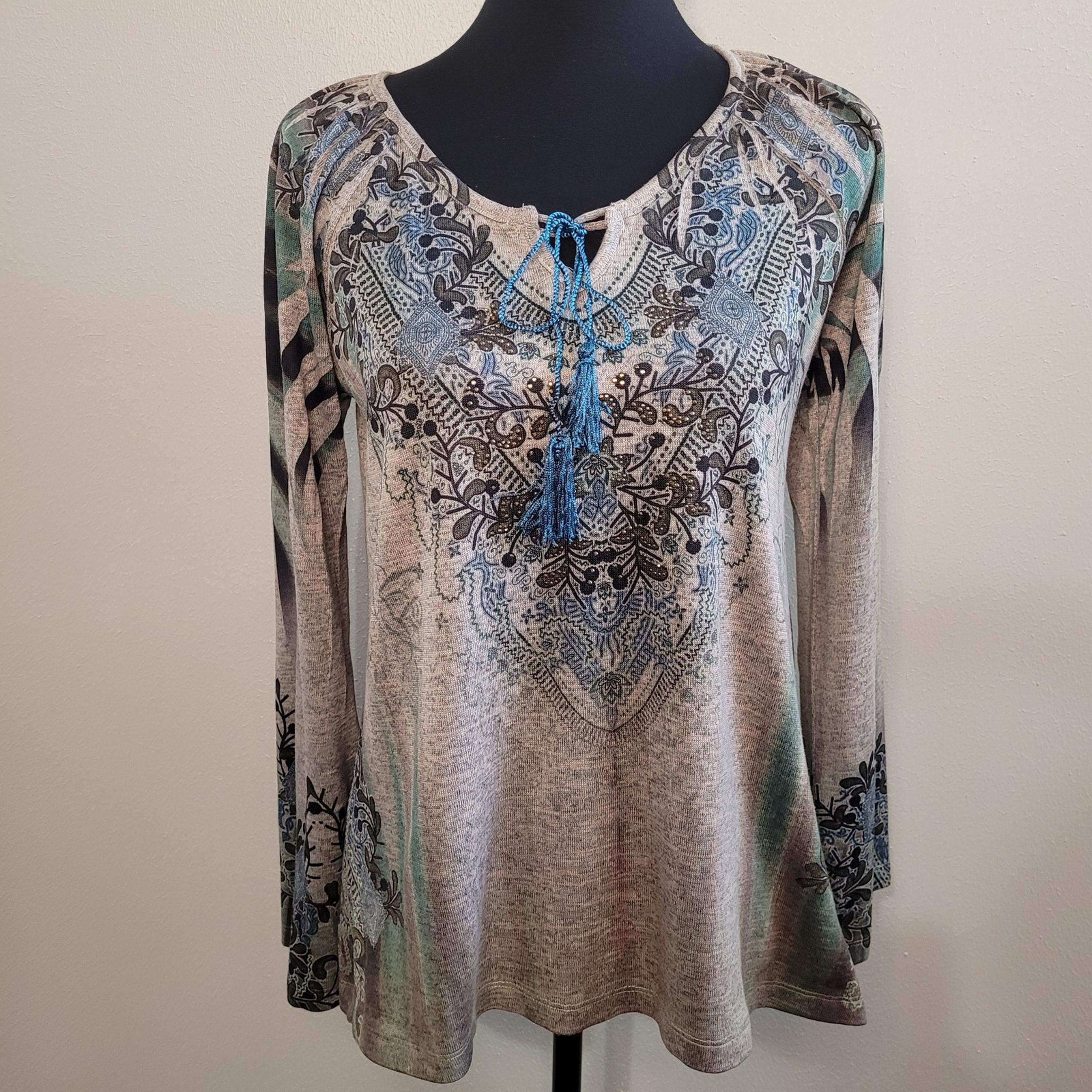 Energe World Wear Women's Multi-Color Beaded Tassel Tie Top Long Sleeve Small
