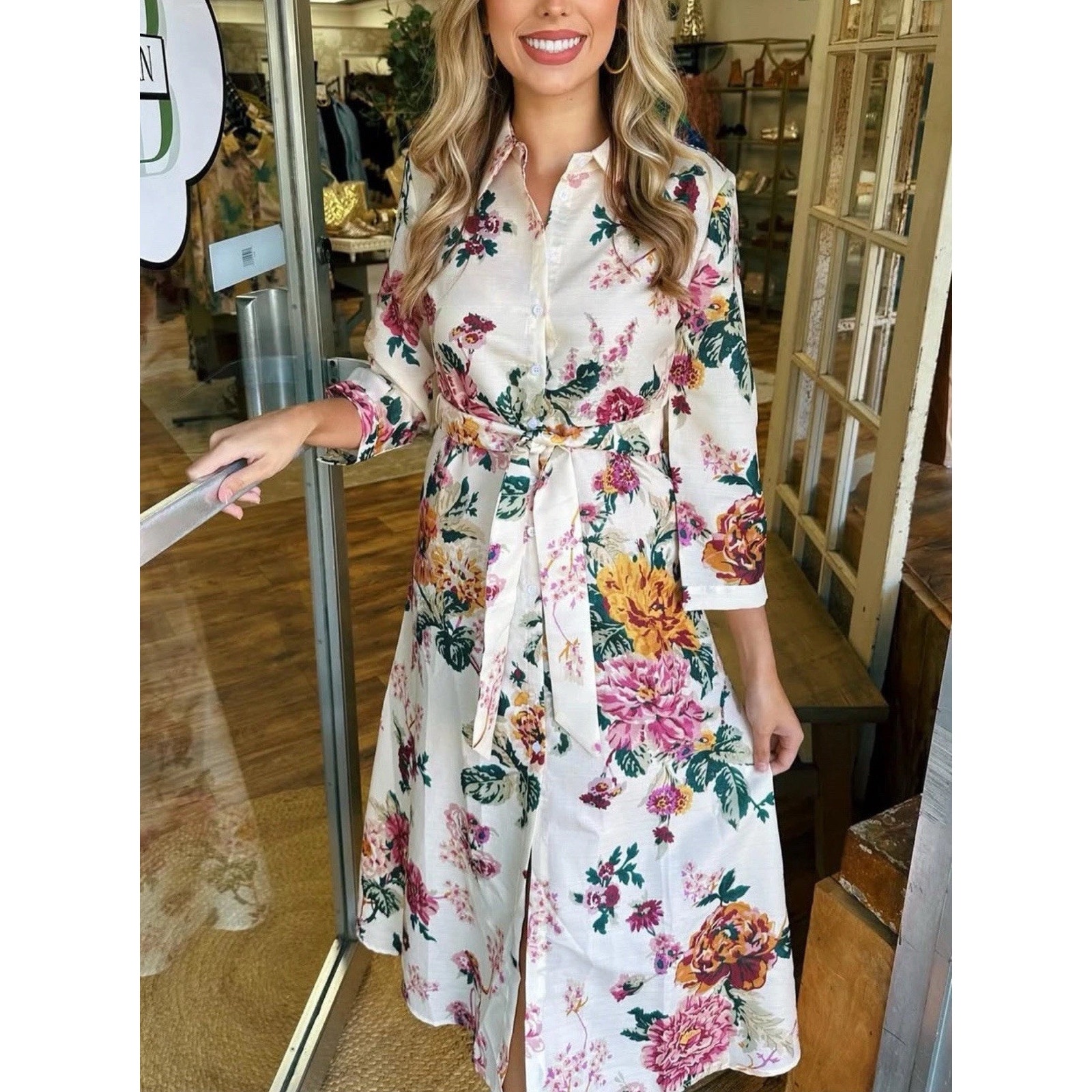 Zara ZW Collection Linen Floral Shirt Dress Beige Button Front Half Sleeve Sz M