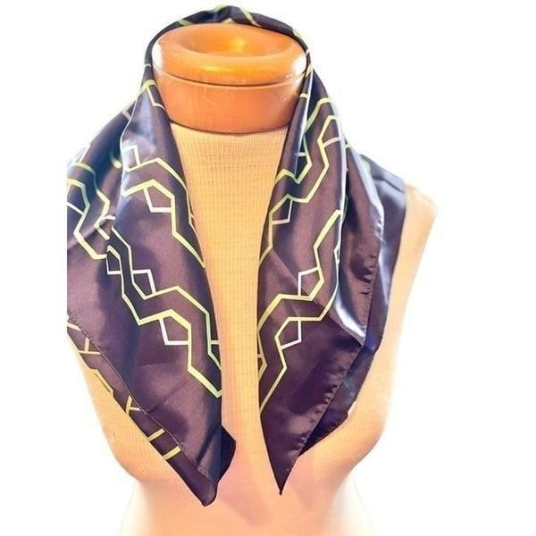 Vintage Italian 100% Acetate Scarf With Geometric Pattern Navy & Lime Green 22