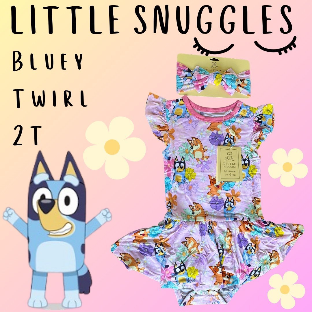 Little Snuggles 2T Bluey (Peachy Pups) Bamboo Twirl Dress with headband