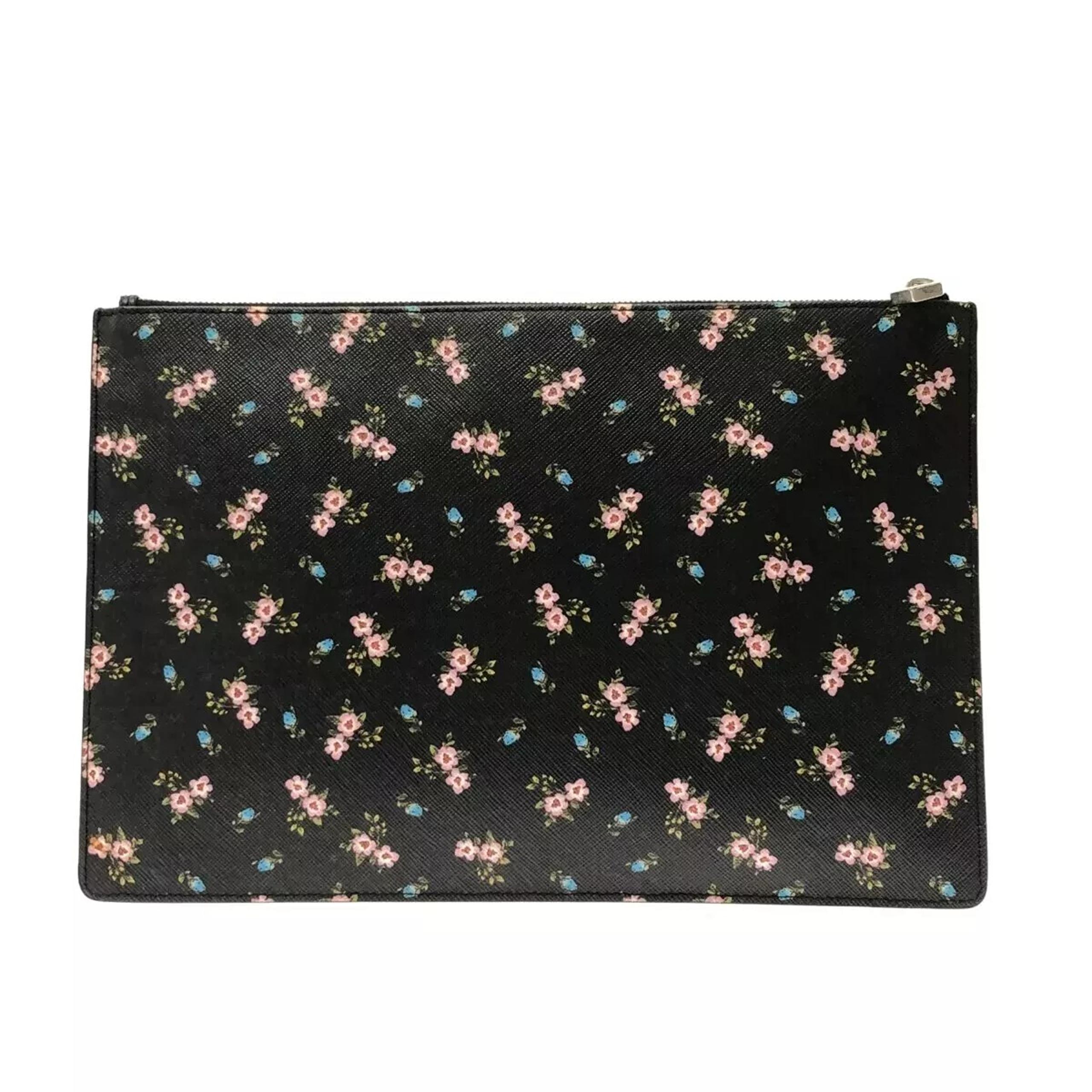Givenchy Floral Black Leather Clutch / Pouch Pink Flowers Silver-Tone Hardware