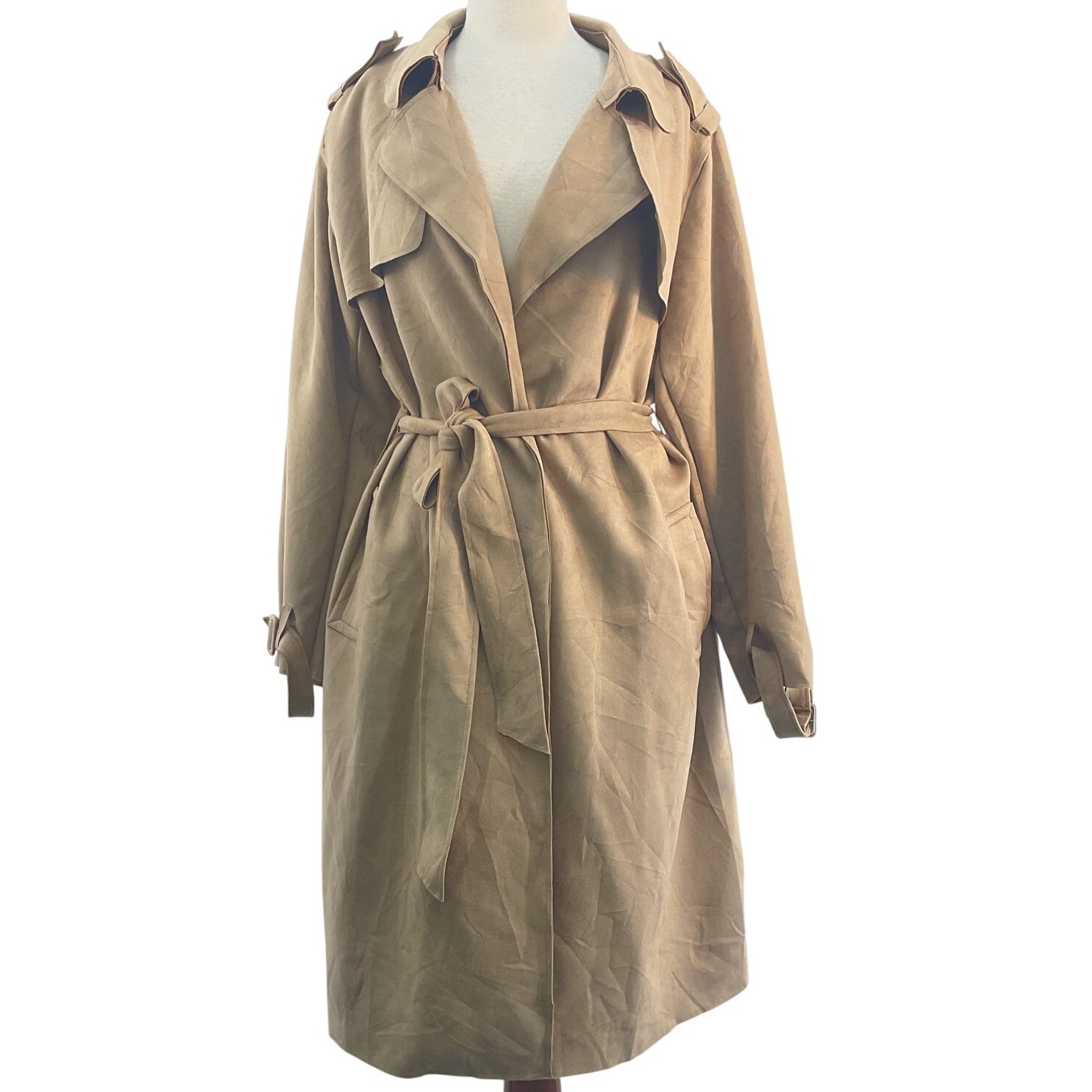 Tahari Tan Faux Leather Microsuede Belted Trench Coat Women’s 1X Plus Preowned