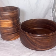 Vintage MCM Monkeypod serving bowl with 4 matching bowls box m