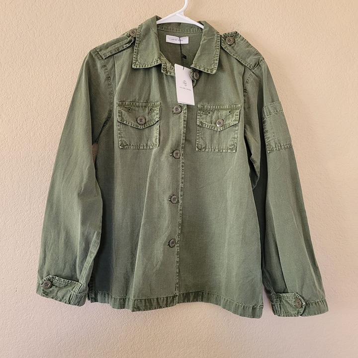 Anine Bing Green Cotton Button Up Jacket Size Xsmall Pockets Utility Sawyer Shir