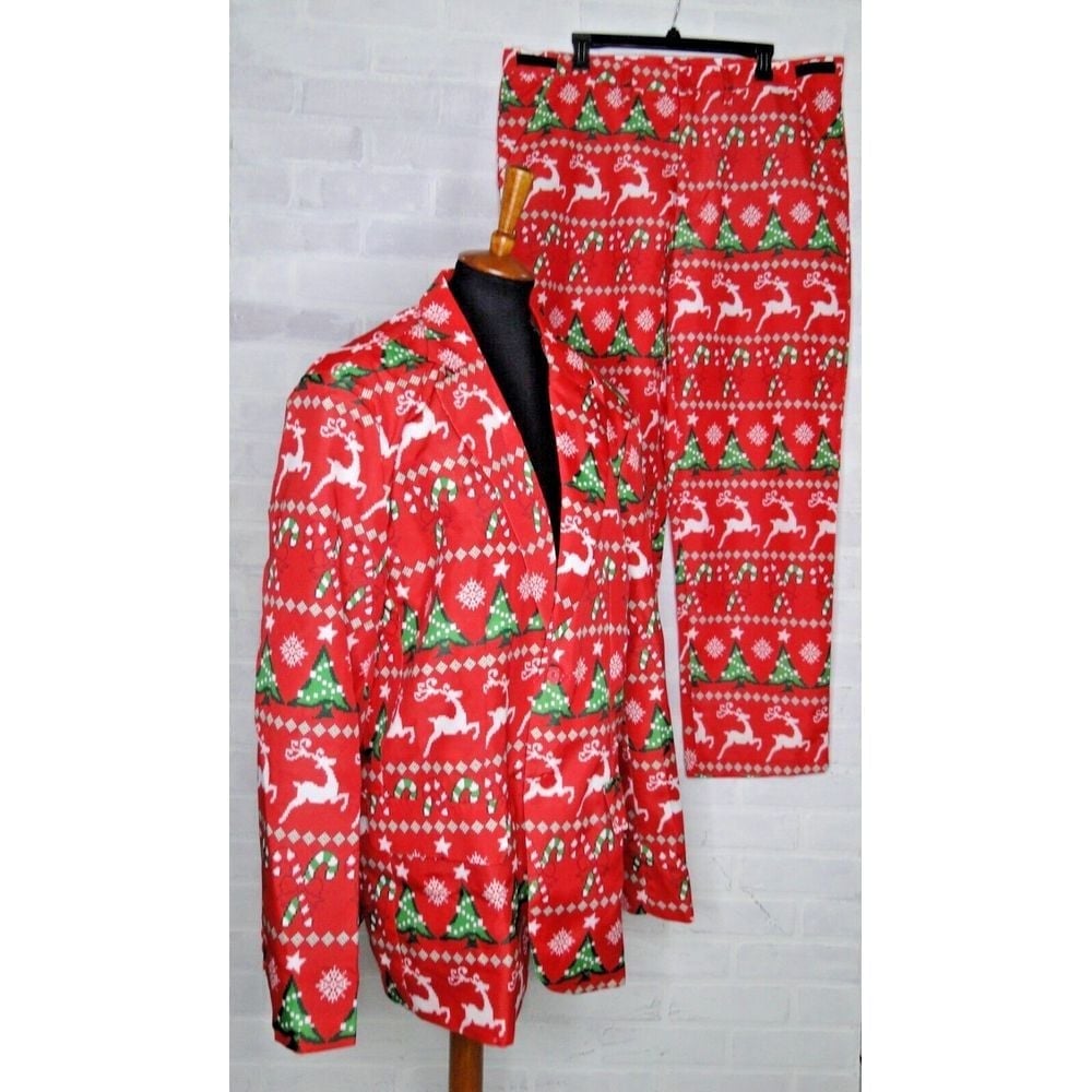 Dec. 25th Red Candy Cane Reindeer Tree Ugly Christmas Suit Men's XL