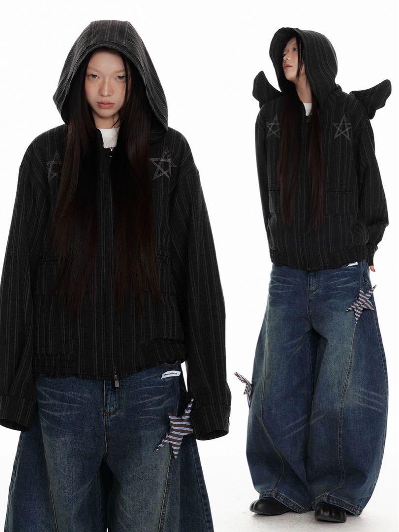 グランジ】JIKOO Oversized 堕天使 Stripe Hoodie