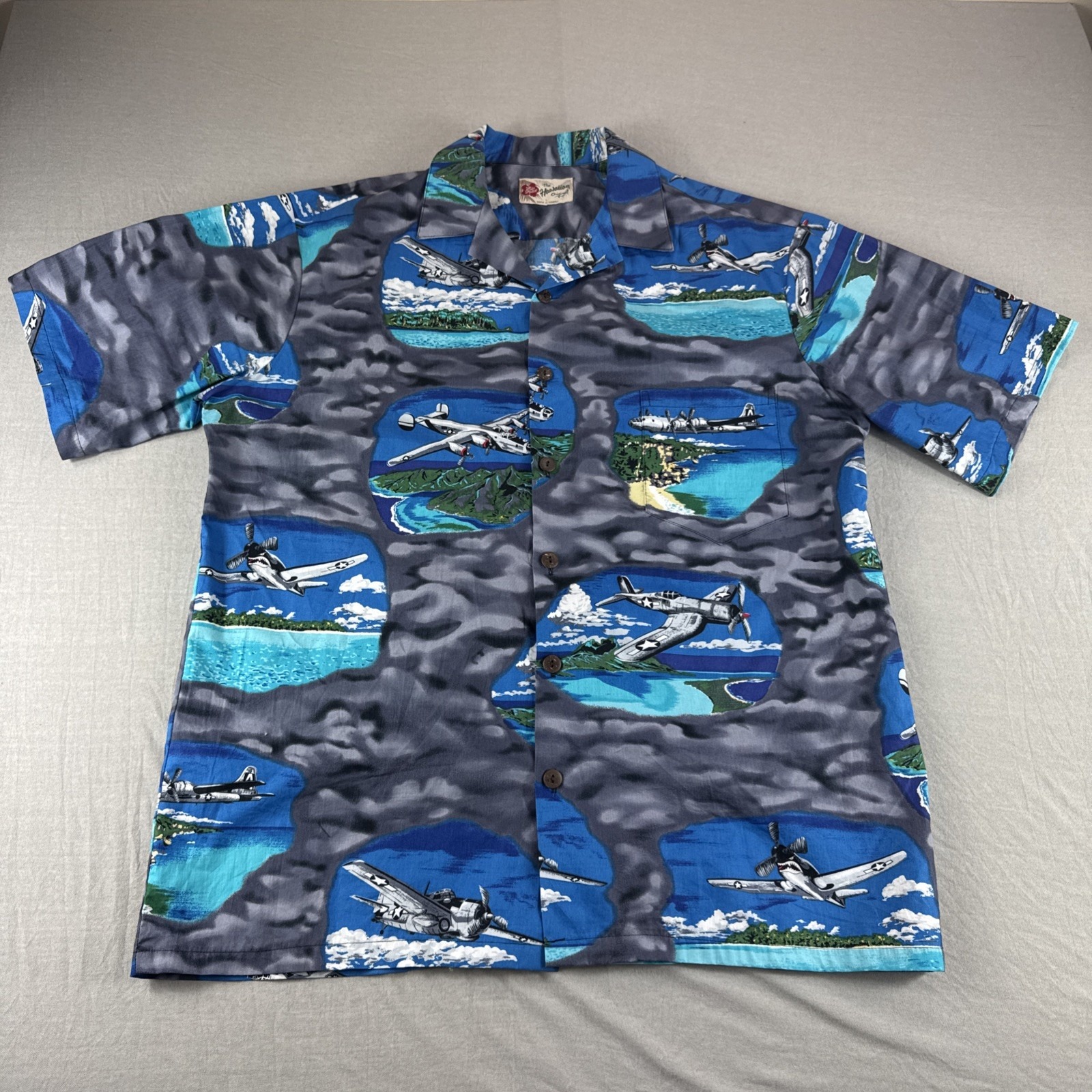 Hilo Hattie Hawaiian Shirt Mens L Bomber Fighter War Planes Blue Aloha USA Made