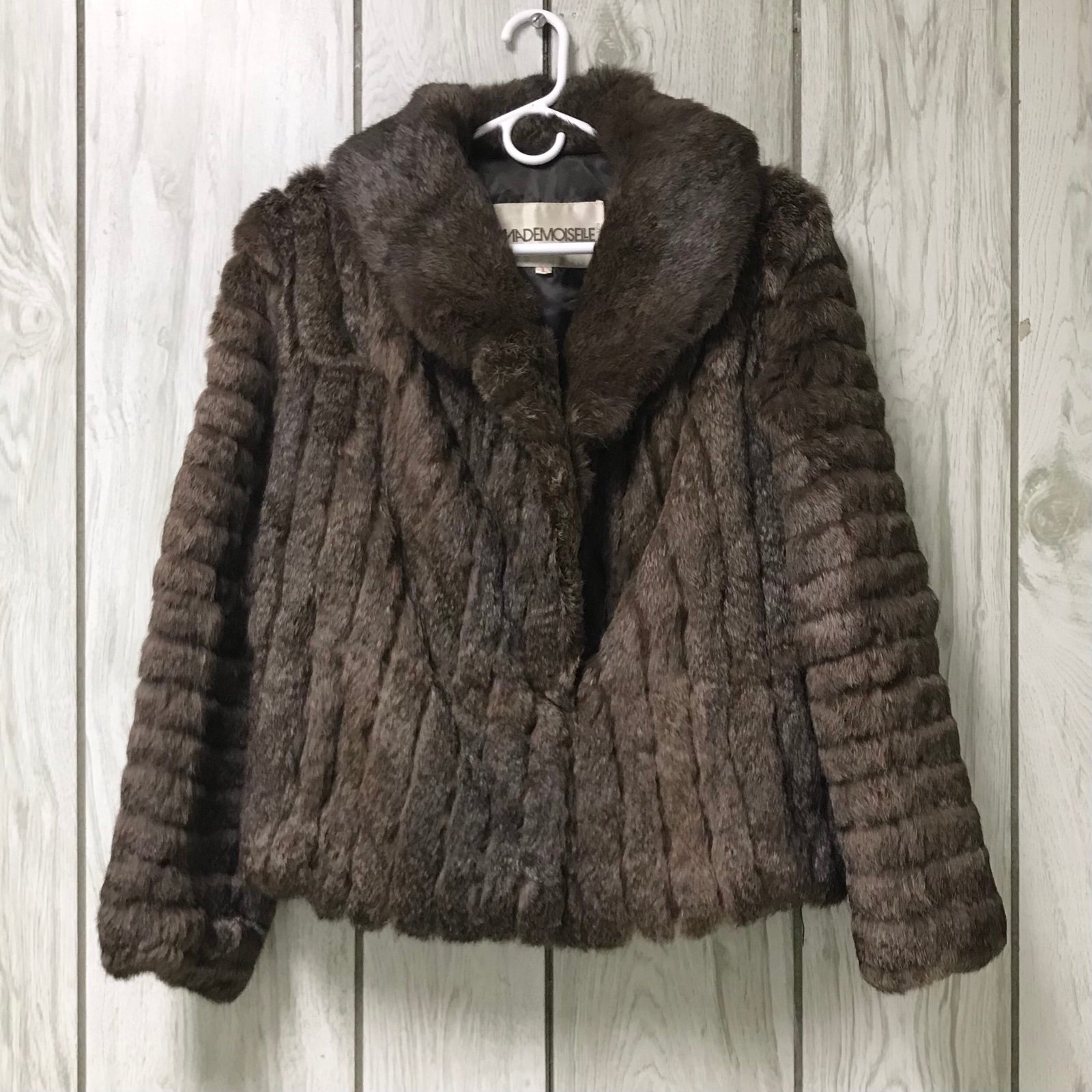 VTG Mademoiselle Women Chocolate Brown Rabbit Fur Hook-&-Eye Coat Jacket L