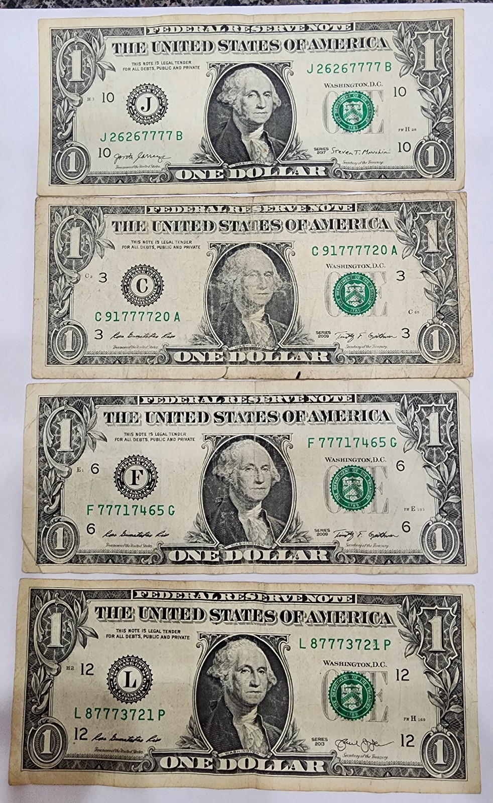 4 Circulated 1 Dollar Bills from the 2009-2017 Series with LUCKY 7 quad digit