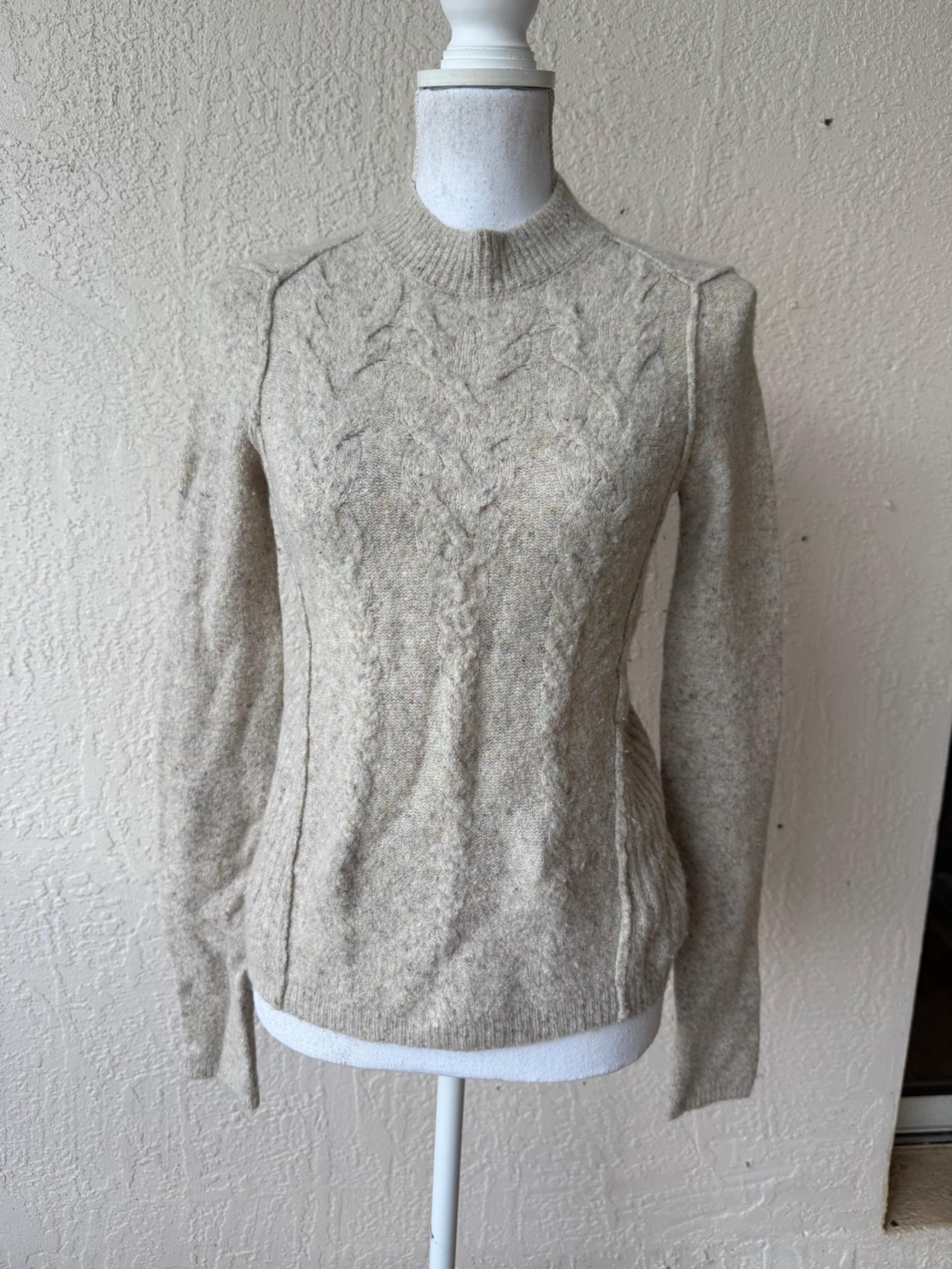 Free People Mock Neck Cable Knit Beige Wool Blend Sweater Pullover Women XS
