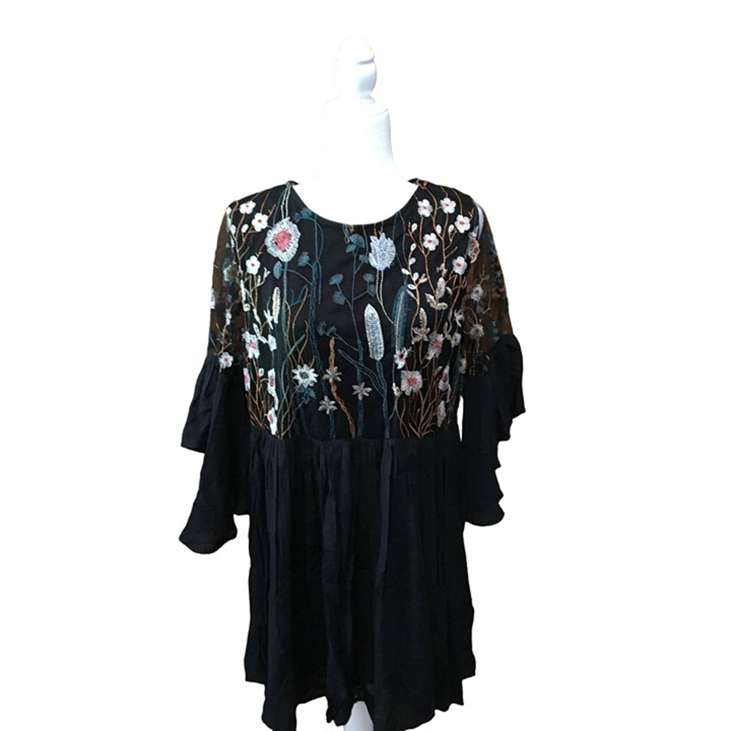 Bohemian Embroidered Black Dress With Sheer Sleeves & Ruffle Detail - Size L