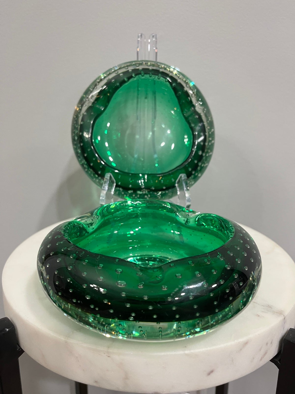 Pair of Murano Glass Bowls Ashtray Bullicante Controlled Bubble Green Rolled Rim