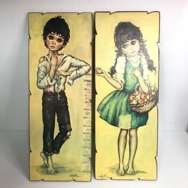 vintage large eyed boy and girl apples grapes made in italy 19X7 inches lolylle