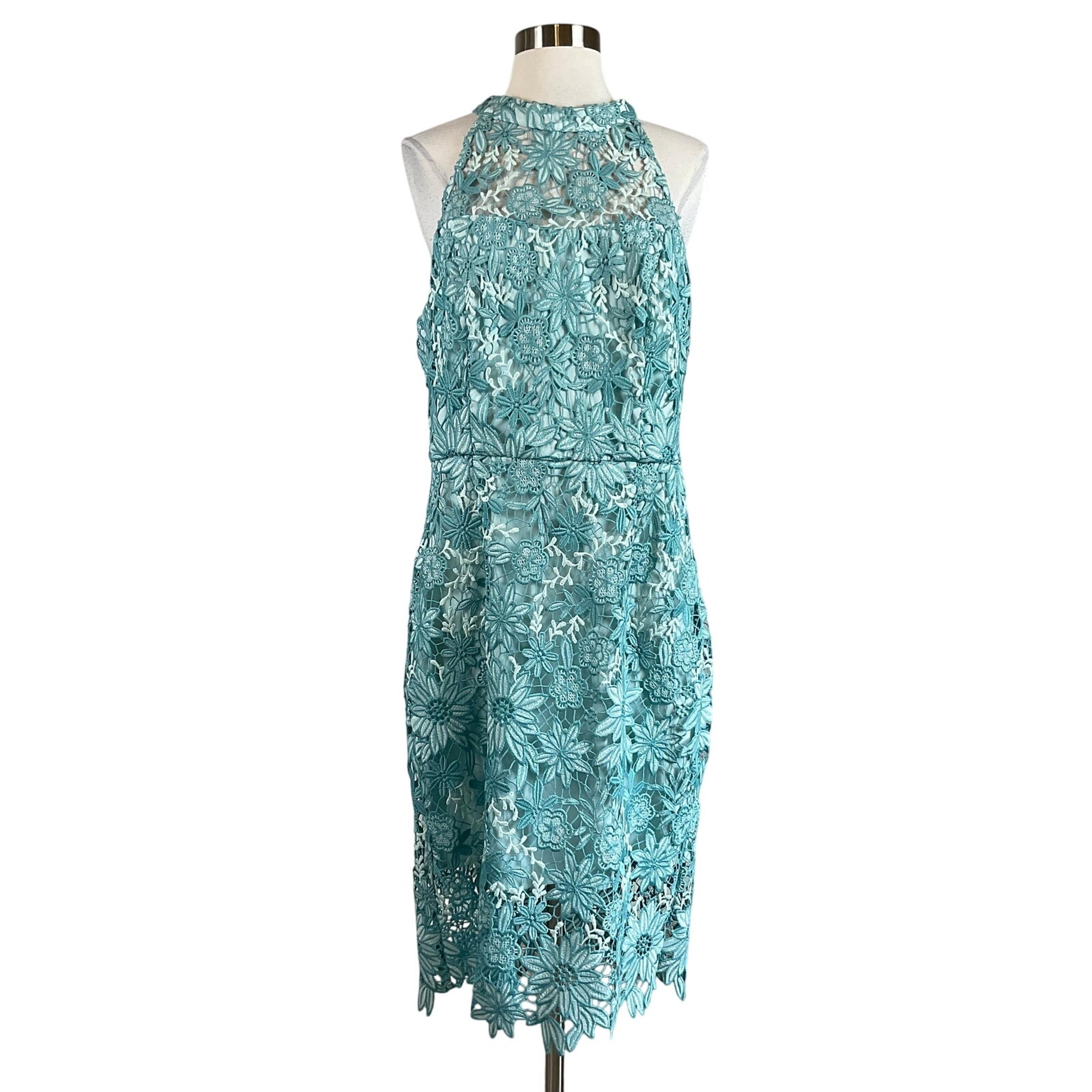 Eliza J Women's Cocktail Dress Size 14 Teal Blue Floral Lace Cut Out Midi Sheath