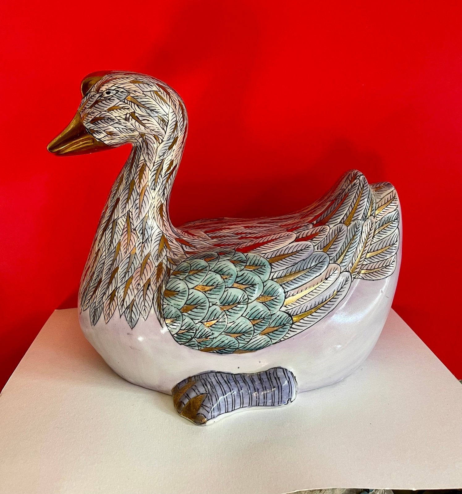 Antique Macao mid centuty Ceramic Duck Goose Statue Golden Peony japan