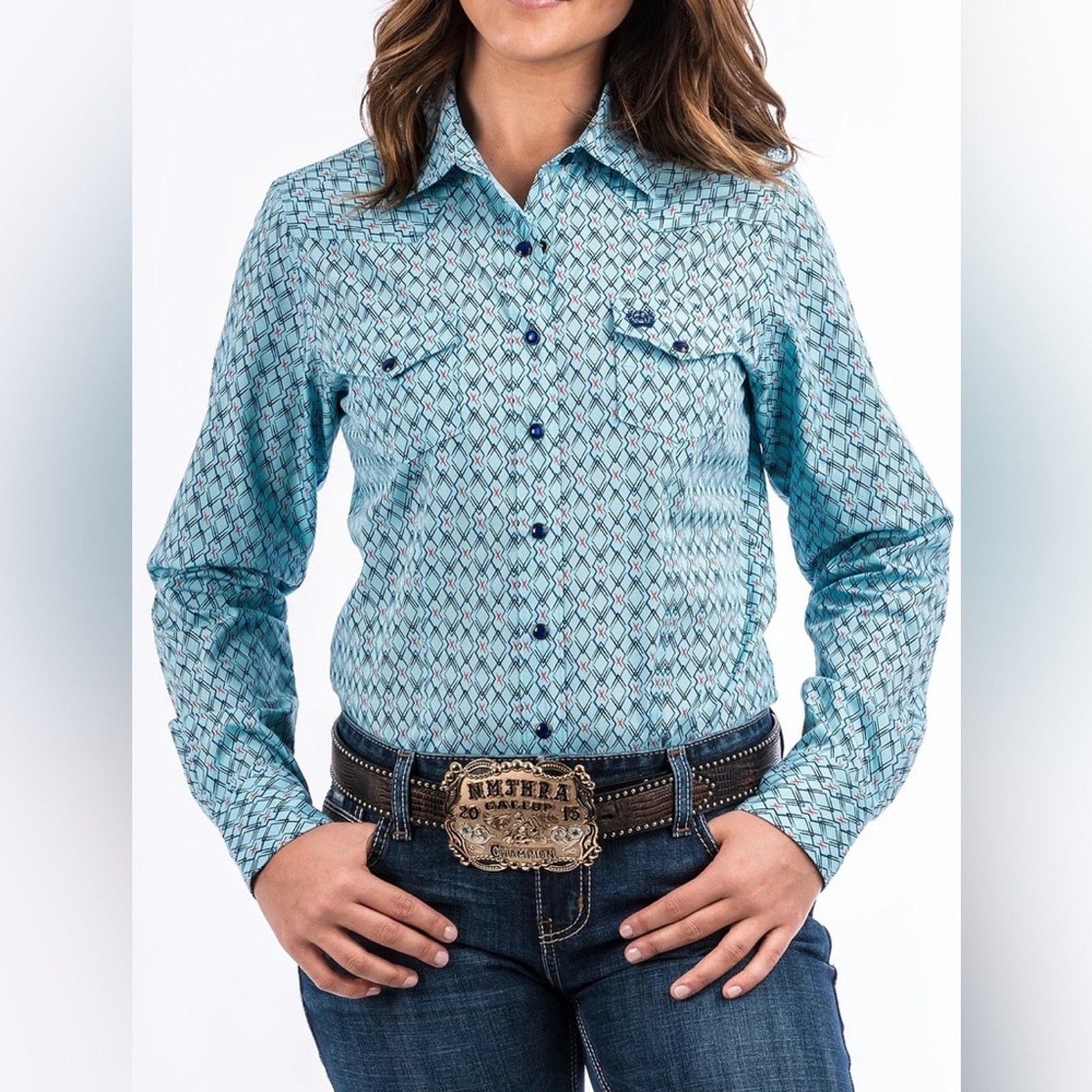 Cinch Ladies Blue Geometric Print Rodeo Western Cowgirl Shirt