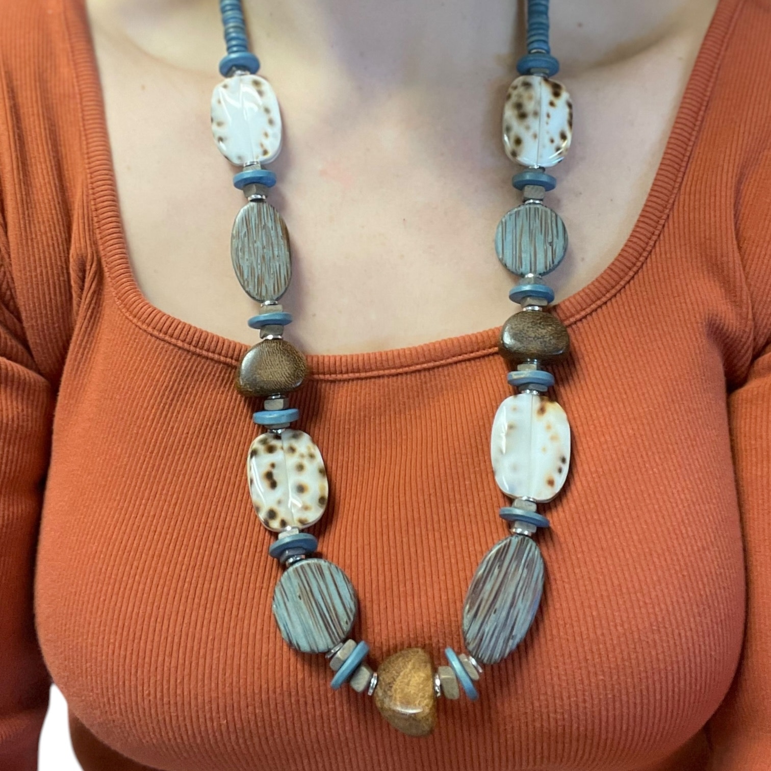 Vintage Tiger Cowrie and Wood Beaded Necklace