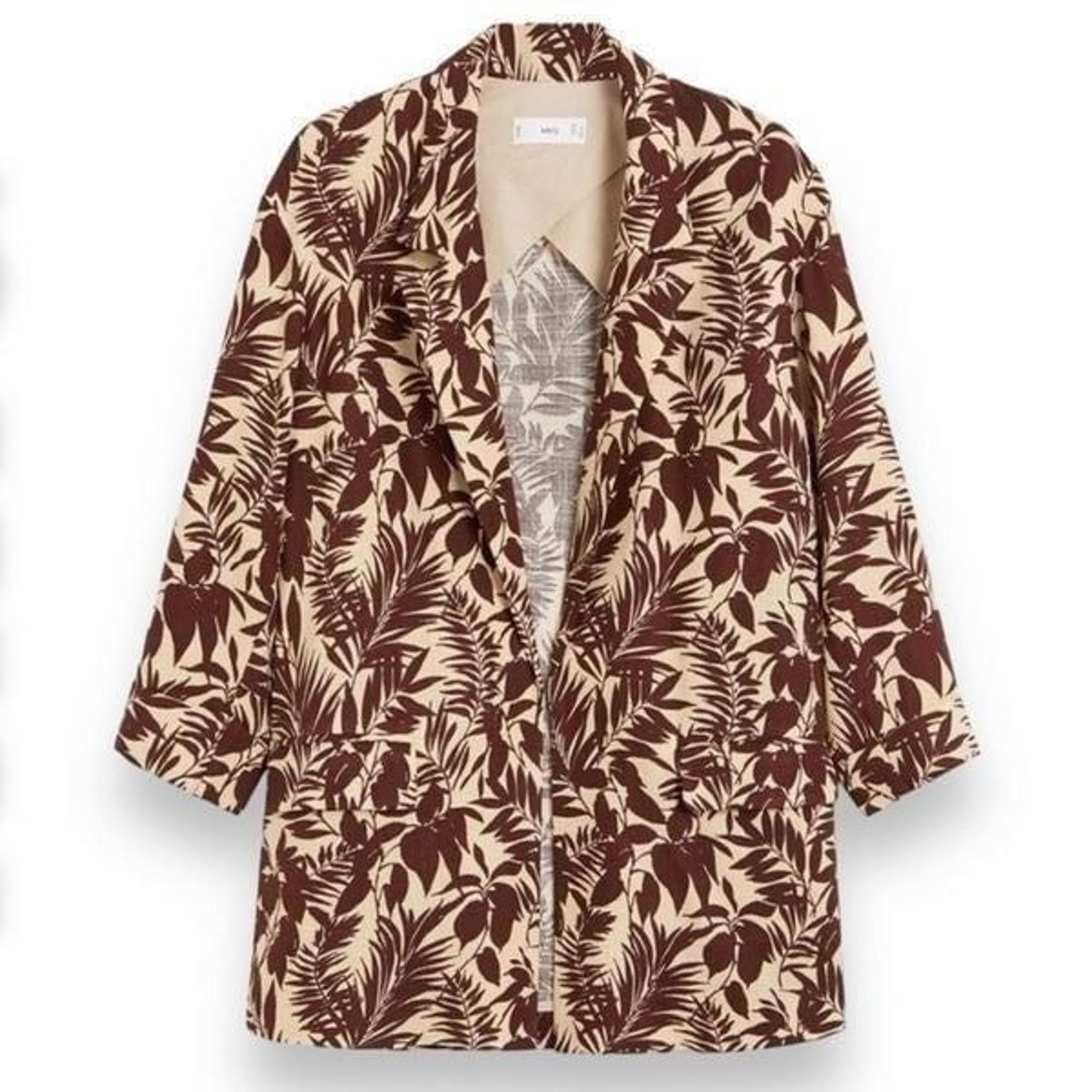 MNG Mango Linen Blend Tropical Print Notch Collar Oversized Blazer Women’s XXS