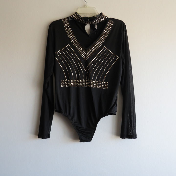 Love Nation Women’s Black Gold Long Sheer Sleeves Bodysuit Size 2XL