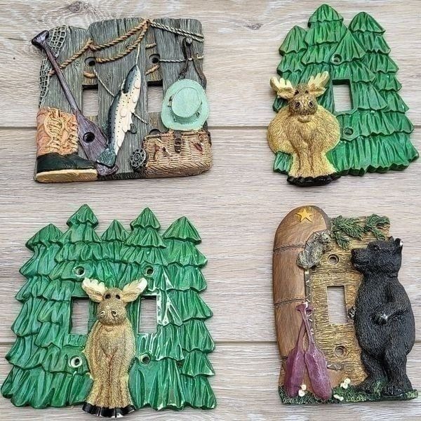 4 light switch covers for a cozy cabin Bears trees fishing canoe pine trees