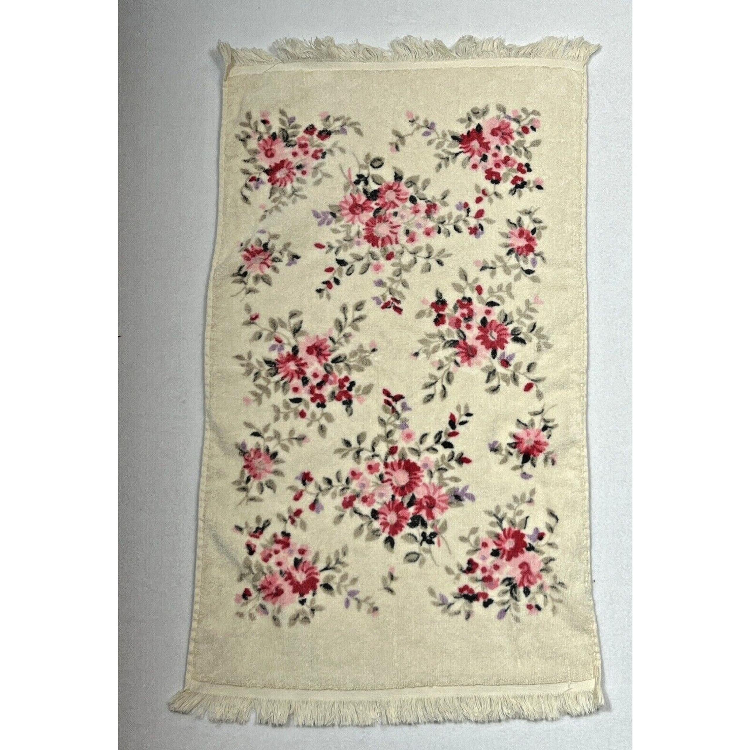 Vtg Cannon Monticello Cotton Hand Towel cream pink flowers Fringe MCM 28 x 15