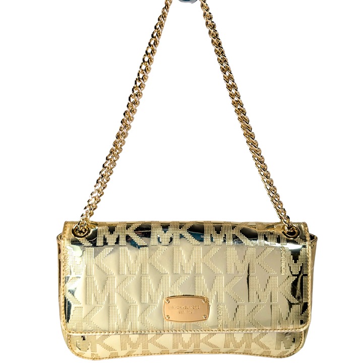 Michael Kors Signature Patent Gold Jet Set Convertible Flap Purse w/Chain Strap