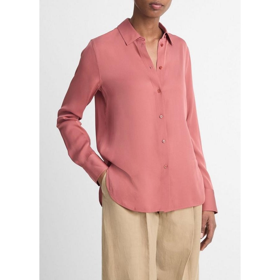 Vince Slim-Fitted Stretch Silk Button-Front Blouse Berry Rust 325 NWT Size XL
