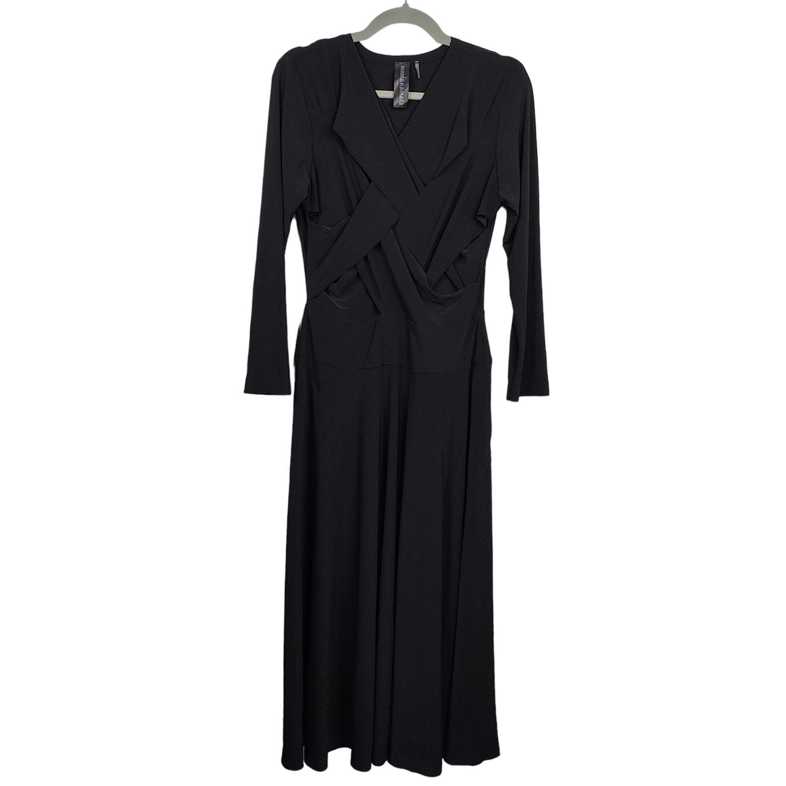 Norma Kamali Woven Jersey Midi Dress Womens Large Black NWOT Long Sleeve Glam