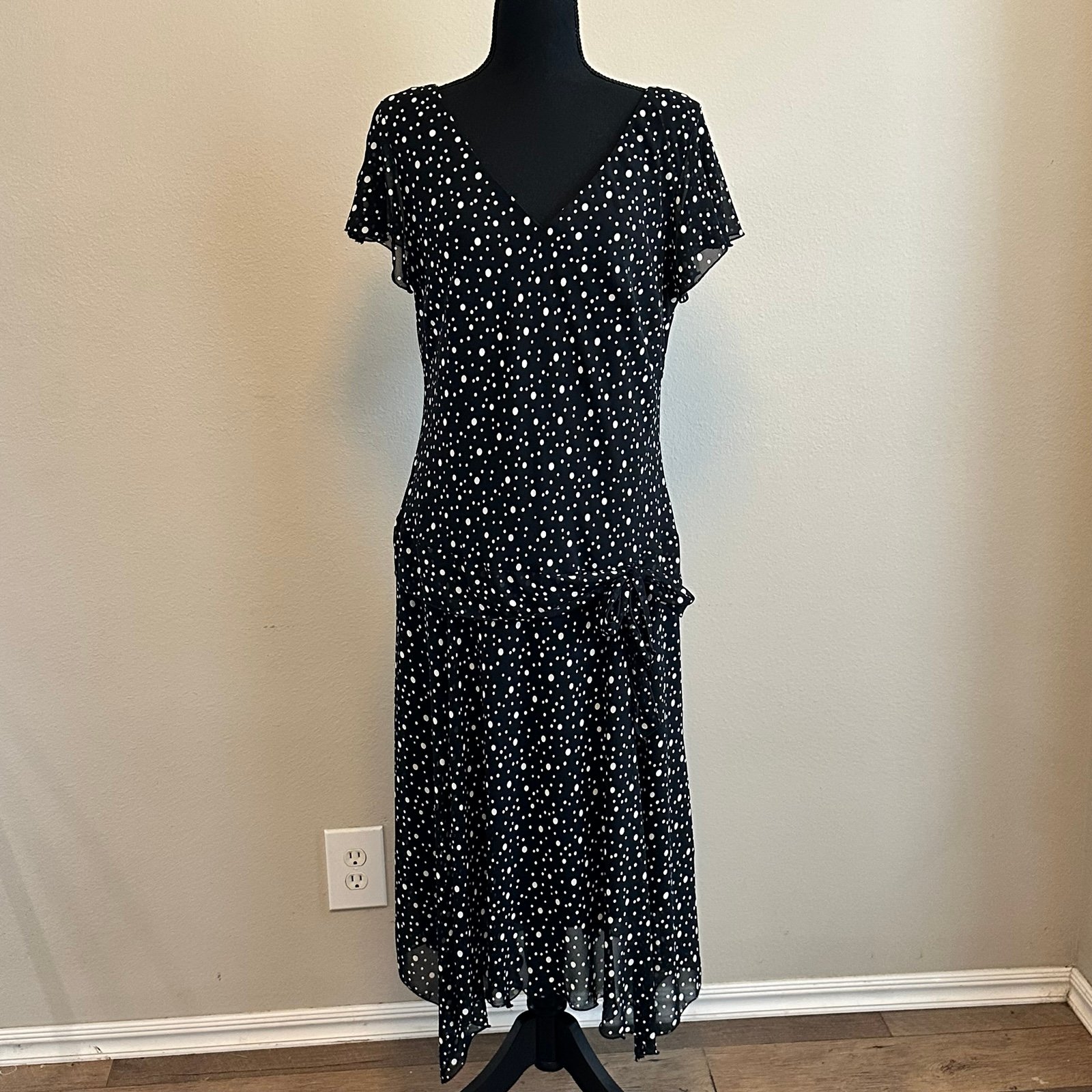 Vintage R&M Richards Black White Polka Dot Dress Size 16 Made USA