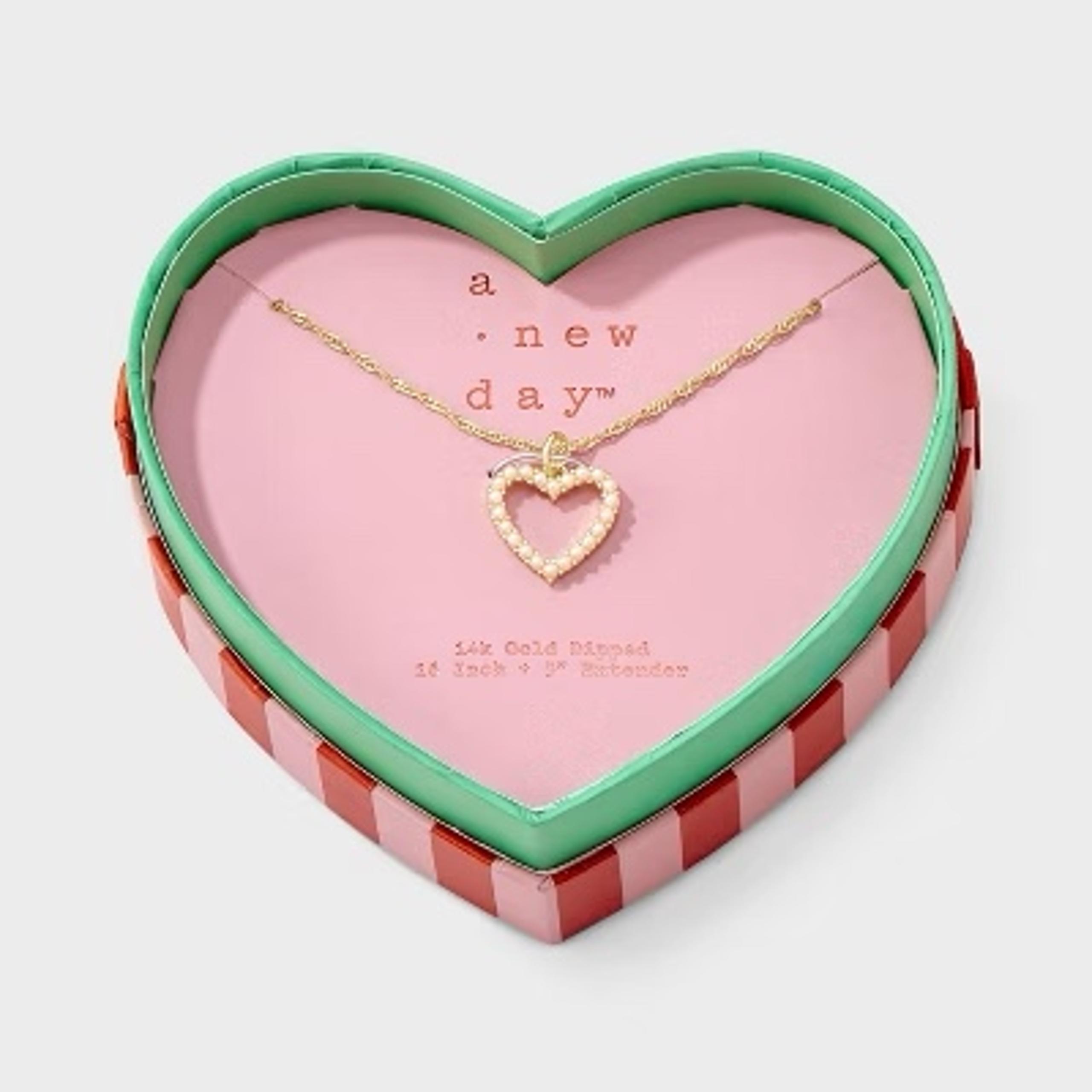 Valentine's Day 14K Gold Dipped Pave Pearl Open Heart Pendant Necklace (New)